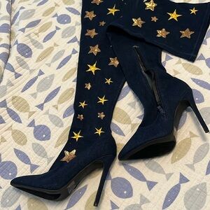 Stretch denim gold star high heel boots Size 6.5